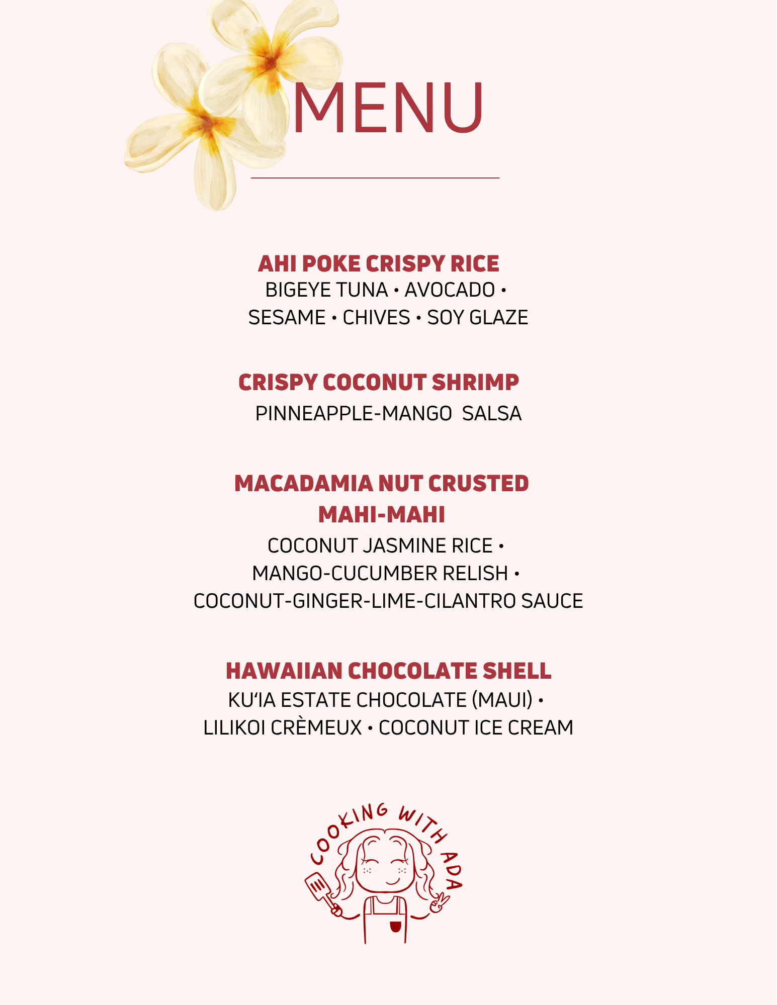Custom four-course menu for the upcoming event 'A Love Letter to Hawai'i