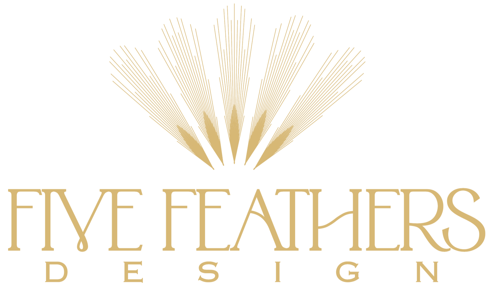 Logo for Five Feathers Design featuring a stylized feather above the text in a gold color.