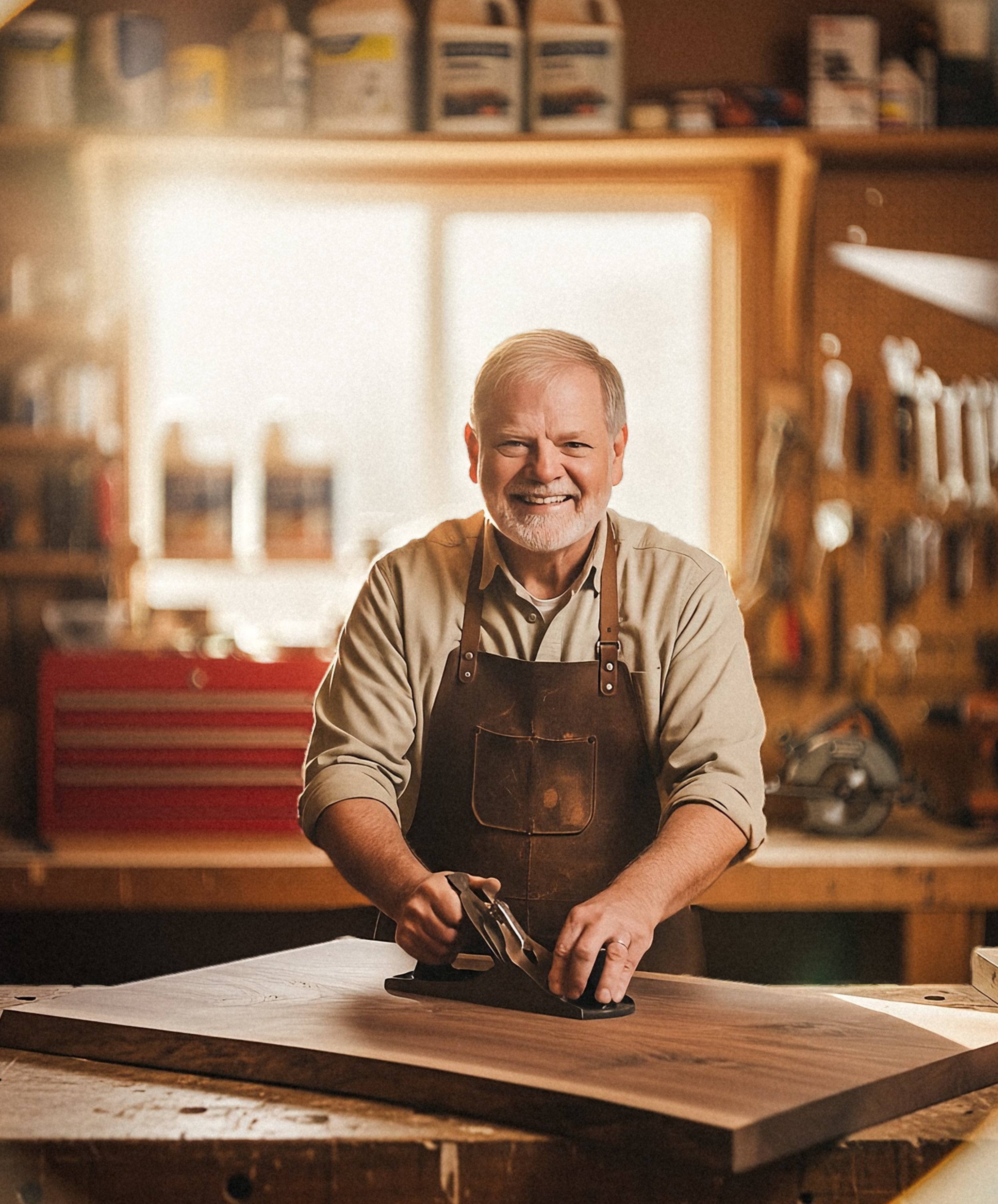 An older man with a beard smiling, wearing a brown apron, woodworking in a workshop, using a hand plane on a piece of wood.