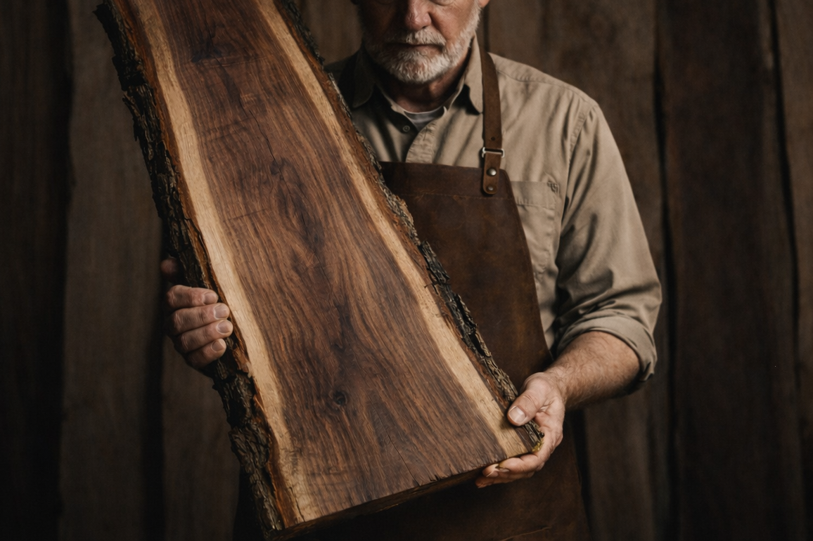 Old man with a gray beard holding a large piece of polished wood in a woodworking shop.