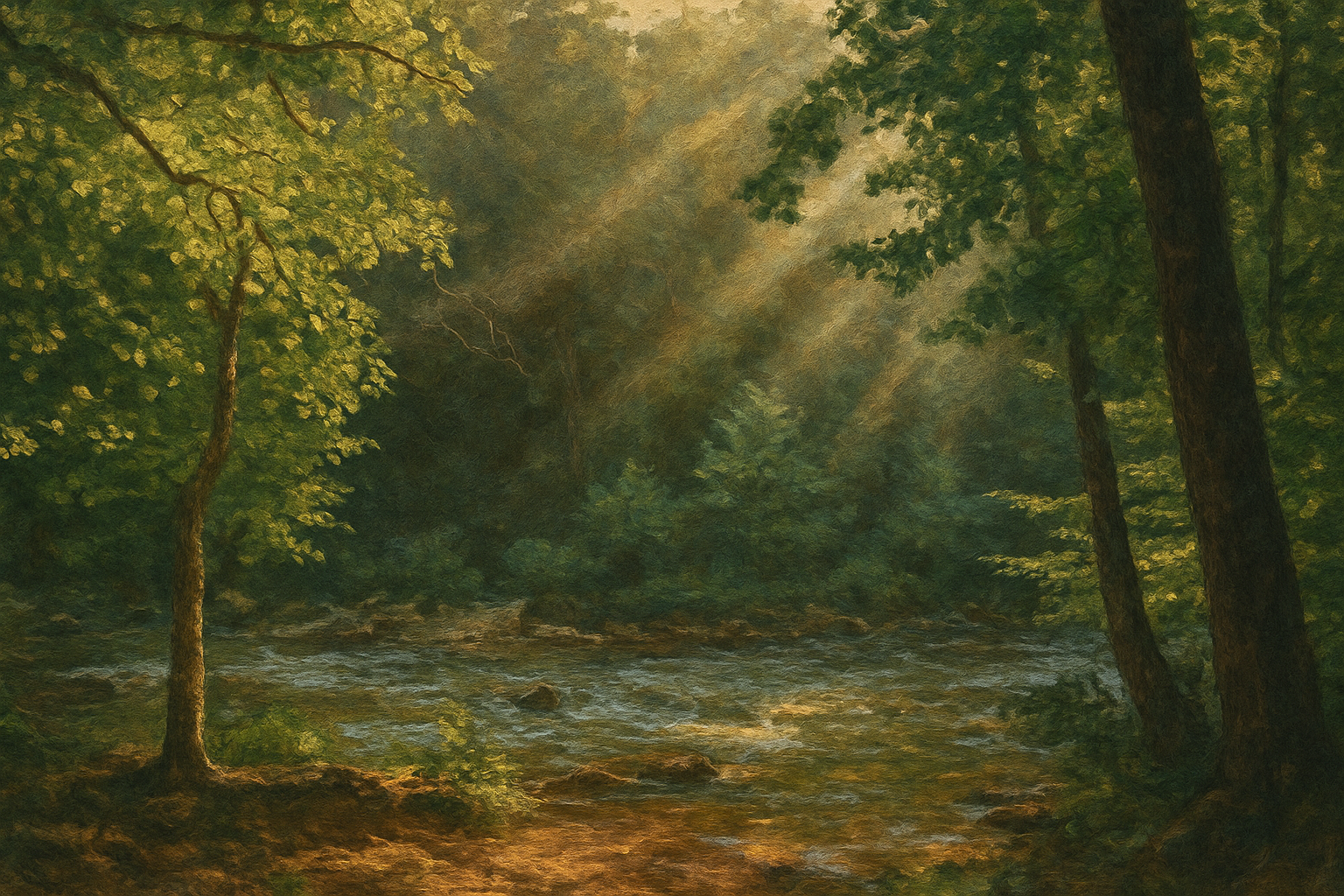 A forest scene with trees, a flowing river, and sunlight filtering through the foliage.