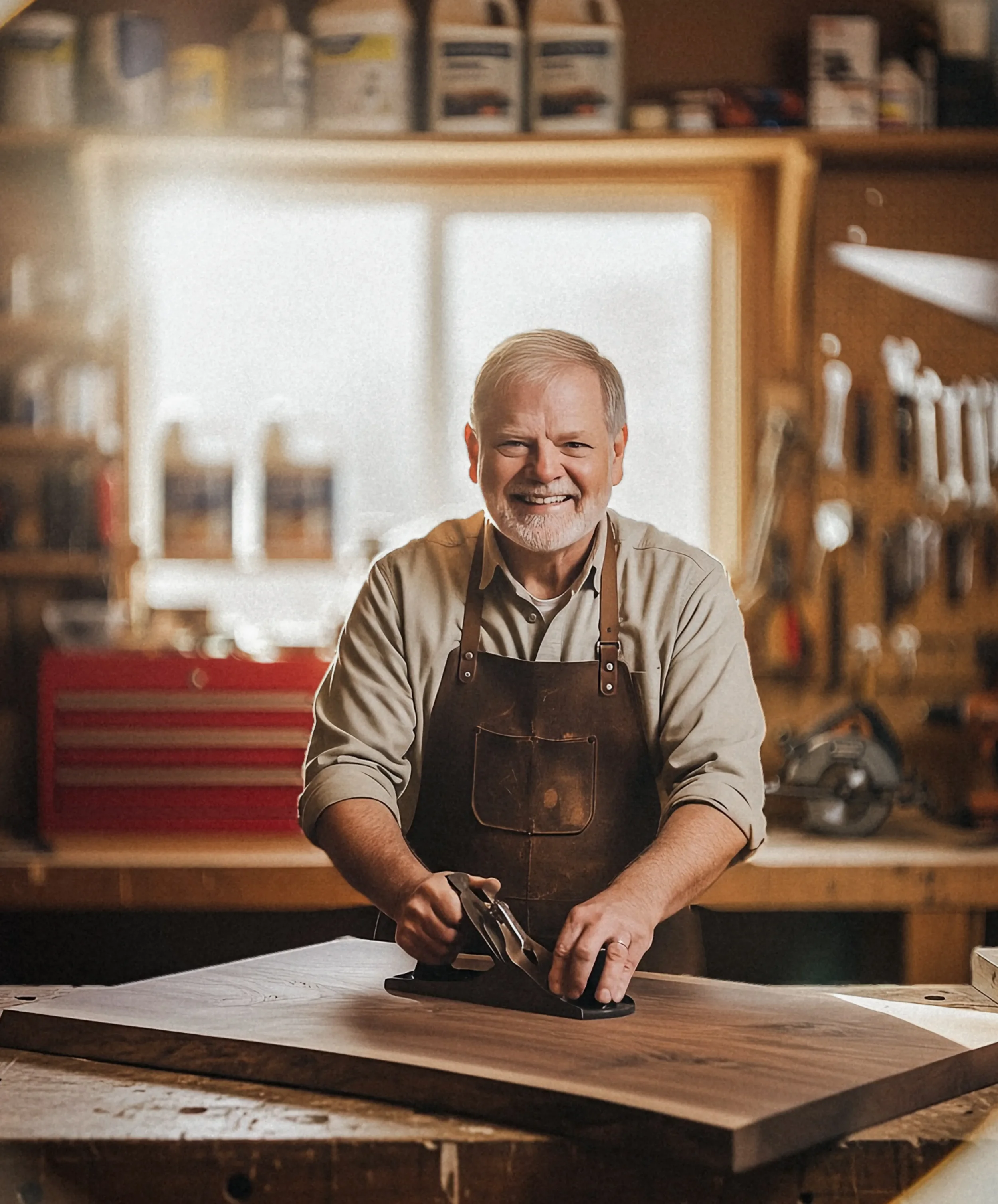 An elderly man with gray hair and a beard smiling while using a hand planer on a wooden board in a woodworking workshop.