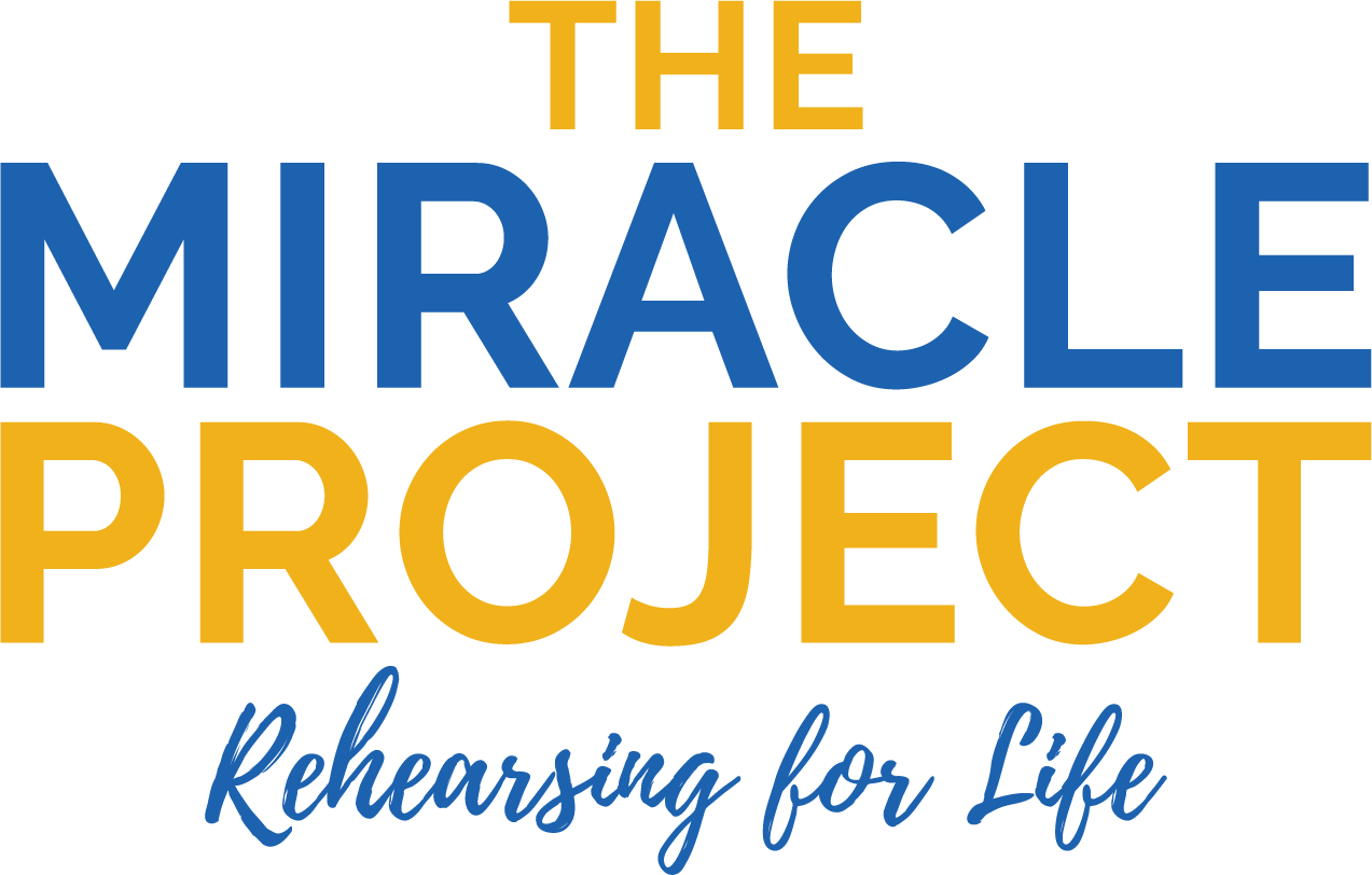 Text graphic with the words 'The Miracle Project' in large blue and yellow text, and the phrase 'Rehearsing for Life' in smaller blue cursive text beneath.