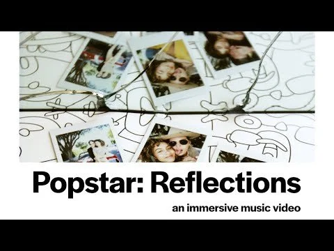 A collage of instant photographs with a wire sculpture of a face outline in the background and the text 'Popstar: Reflections' and 'an immersive music video' on a white background.