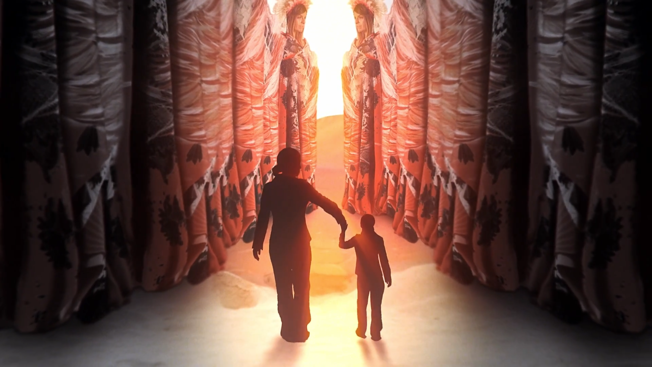 Silhouetted woman and child holding hands walking through a corridor of large floral-patterned curtains towards a bright, glowing light.