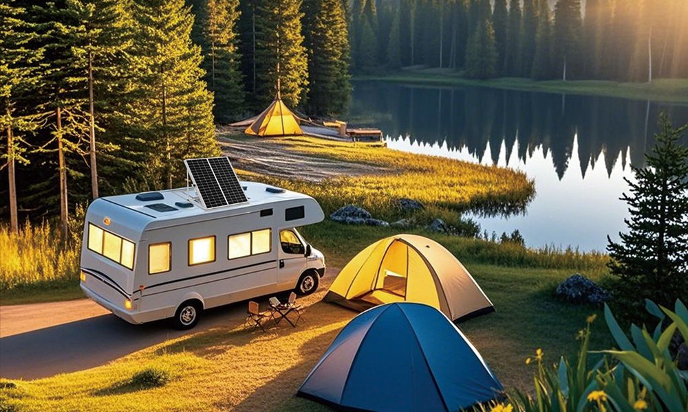 Campers near a lake with tents, a solar-powered RV, and a tent in a forested area at sunset.