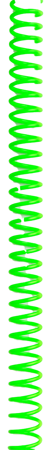 A close-up of a bright green spring coil against a black background.
