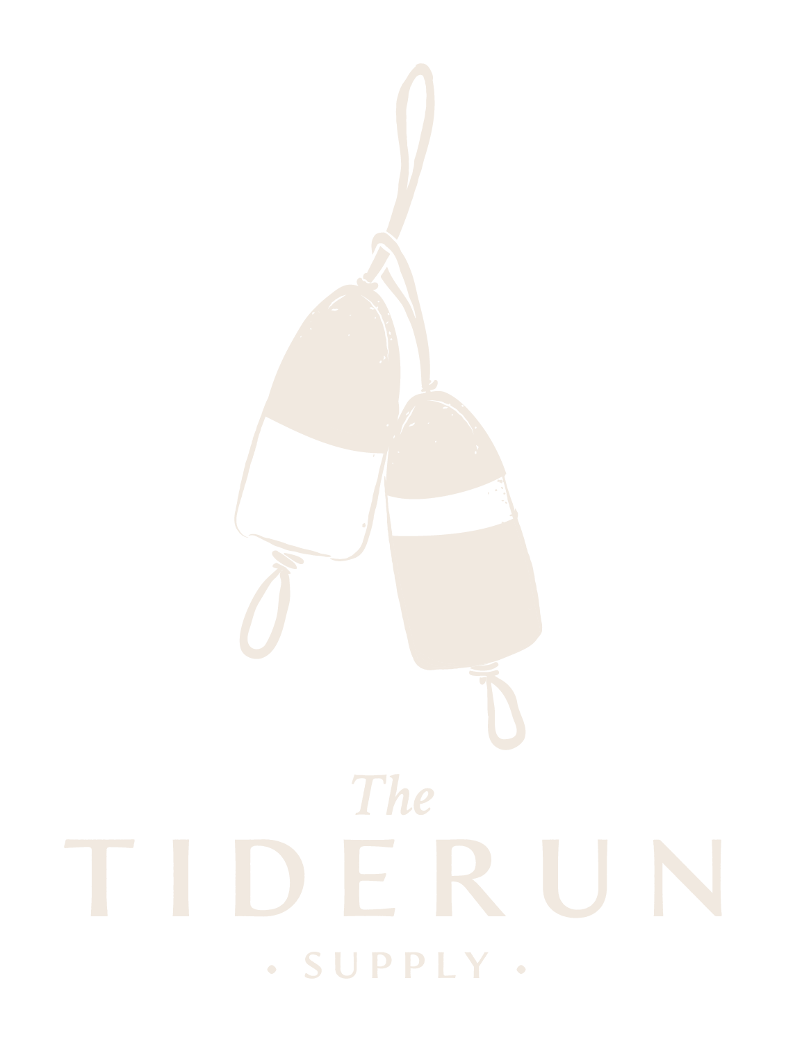 Drawing of two beige buoys with black stripes hanging from a rope against a black background, with text below reading 'The Tiderun Supply'.