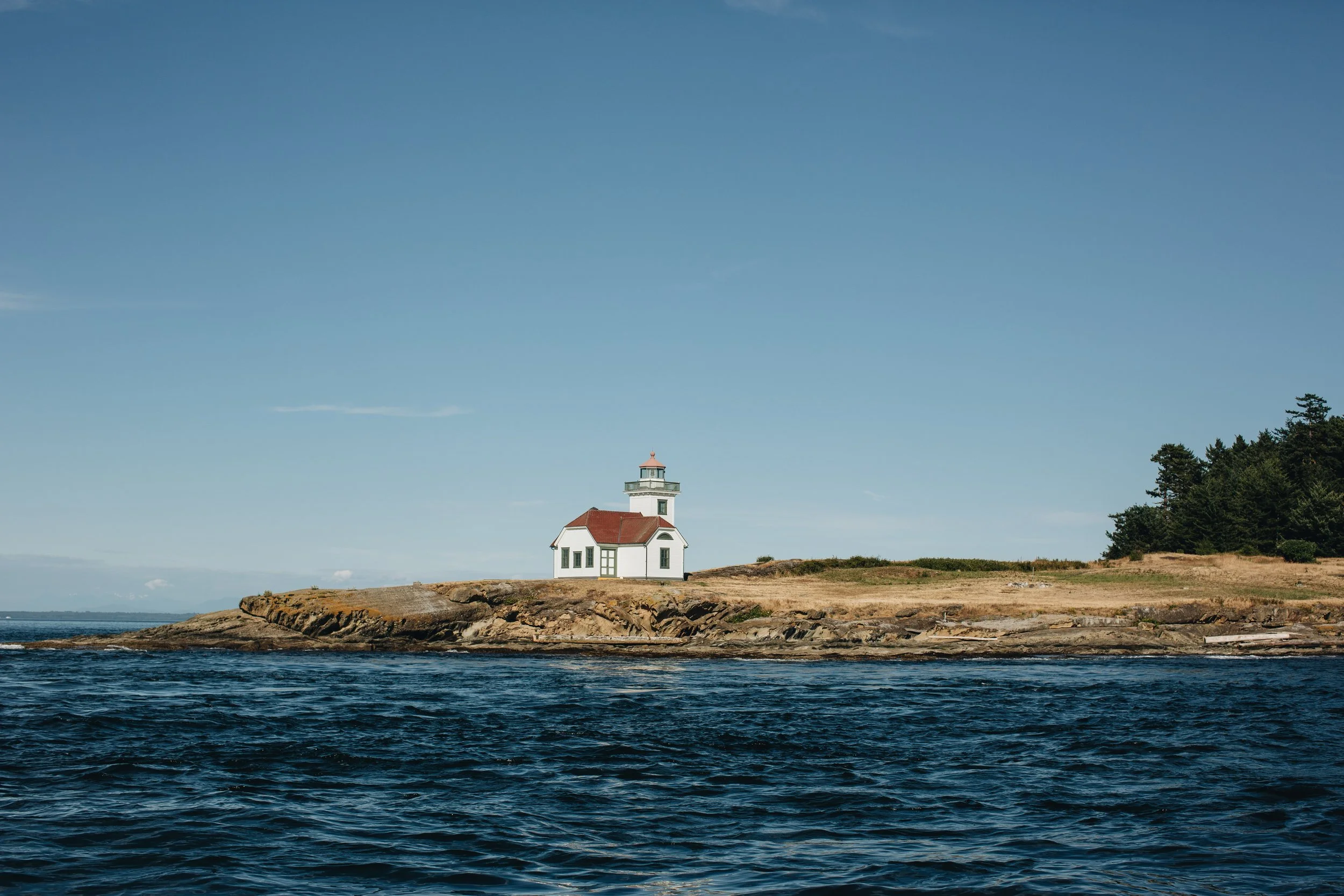 A lighthouse on a rocky coastline with a grassy area and trees, under a clear blue sky, near the ocean.