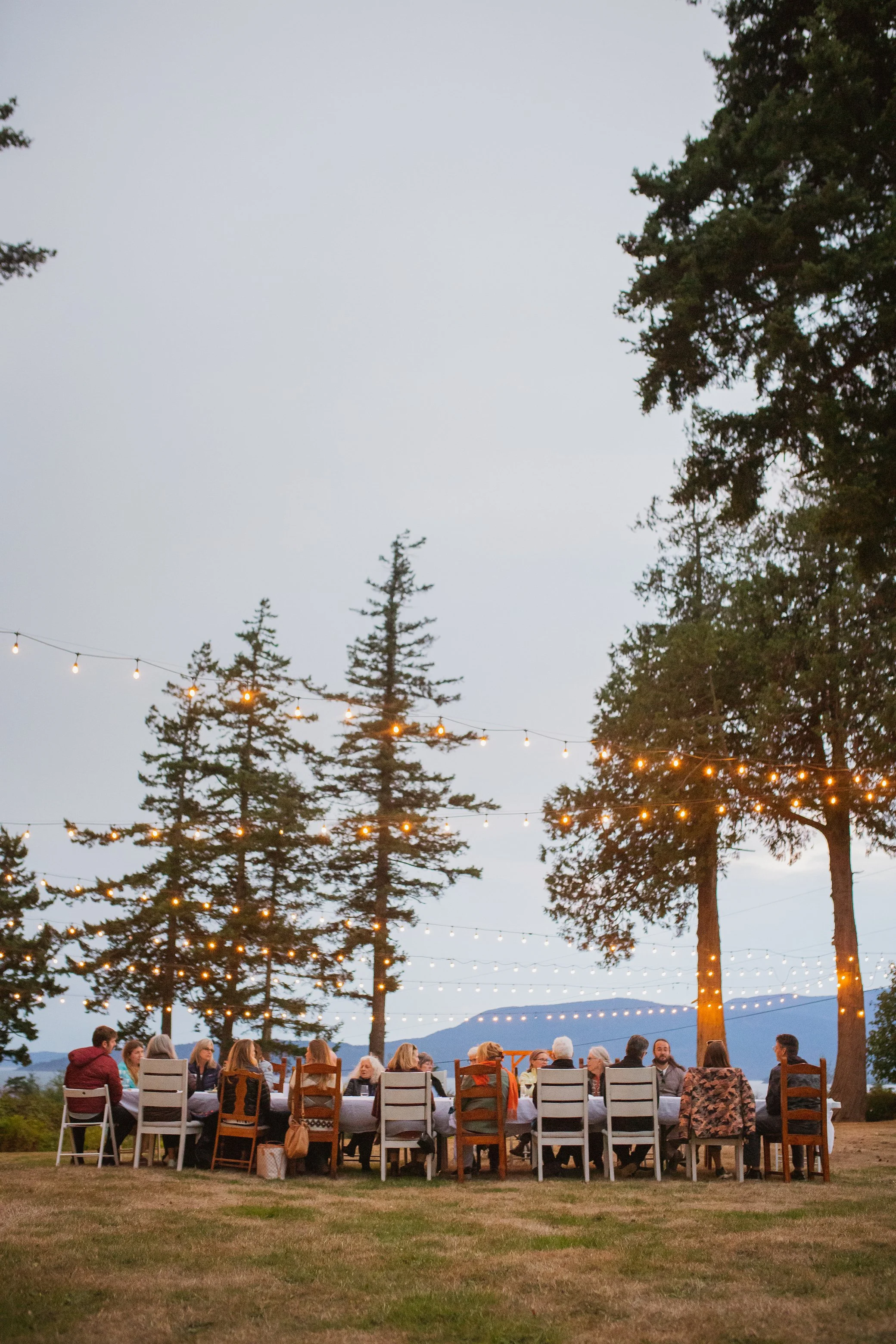 People gathered around a long outdoor table under string lights, in a natural wooded setting during dusk.