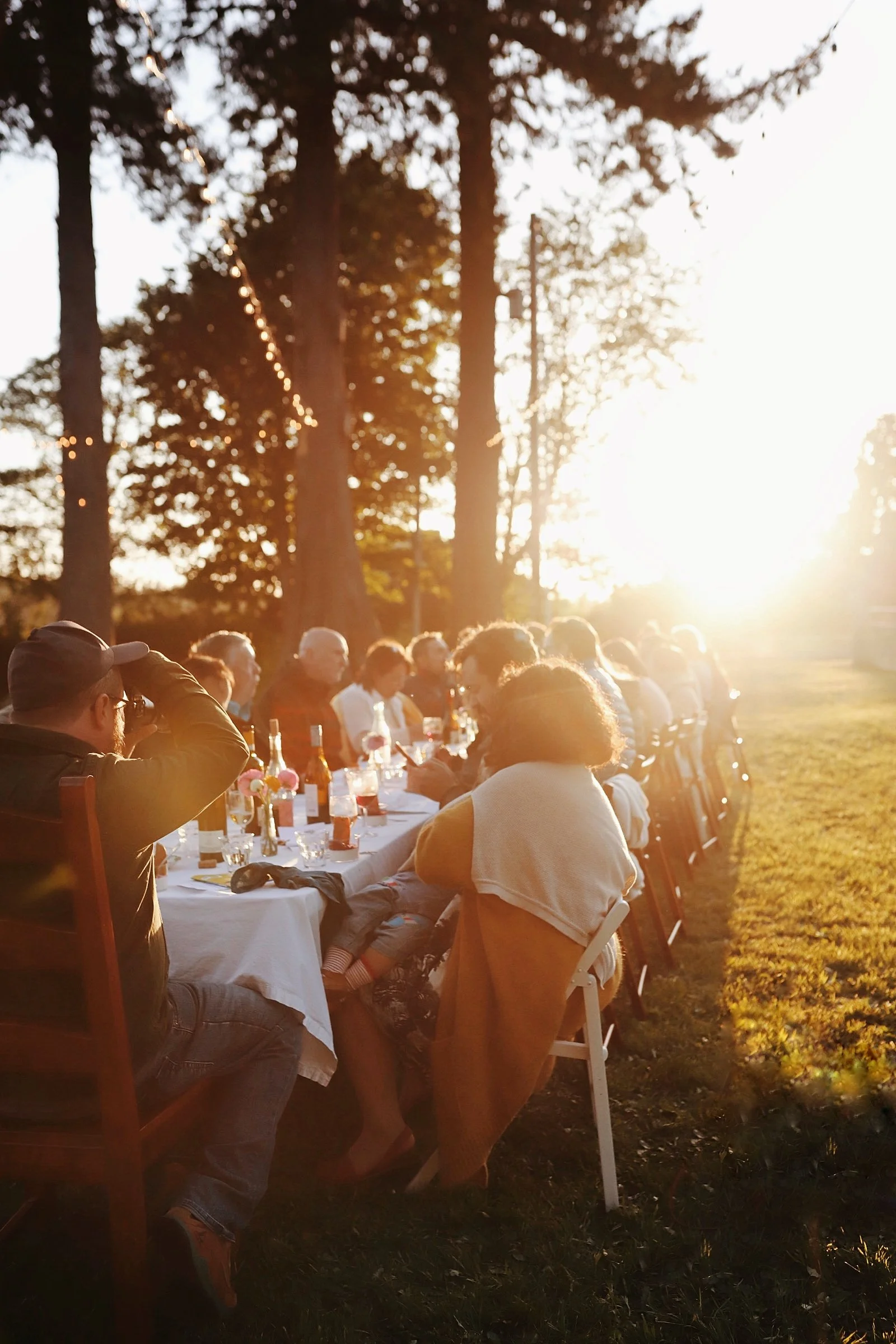 People gathered around a long outdoor dining table in a park during sunset, with tall trees and string lights hanging overhead.