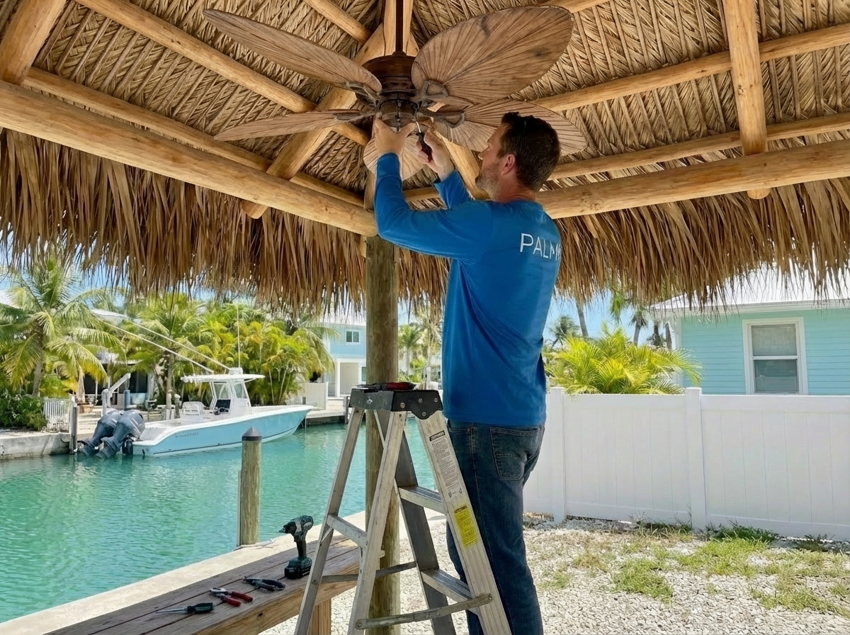 Ceiling fan installation under a tiki hut in the Florida Keys by a handyman