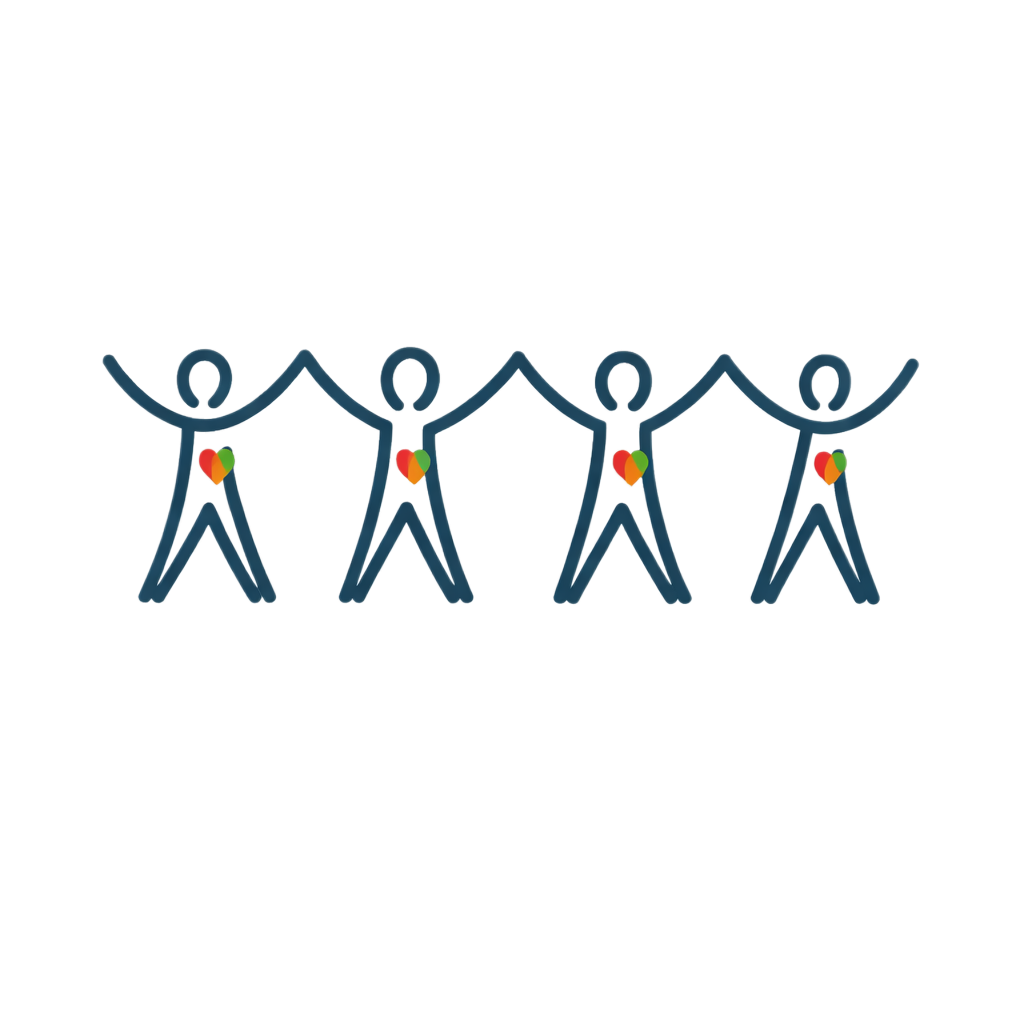 Illustration of four human figures holding hands, each with a multicolored heart on their chest, representing unity or love.