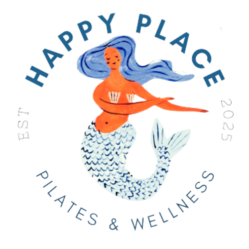 A mermaid with long blue hair and an orange upper body, wearing a white seashell bikini top and a blue and white scaled tail, surrounded by the text 'HAPPY PLACE' at the top, 'EST 2023' on the left, and 'PILATES & WELLNESS' at the bottom.
