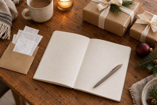 An open notebook and receipt envelope beside wrapped Christmas gifts and evergreen sprigs on a wooden table.