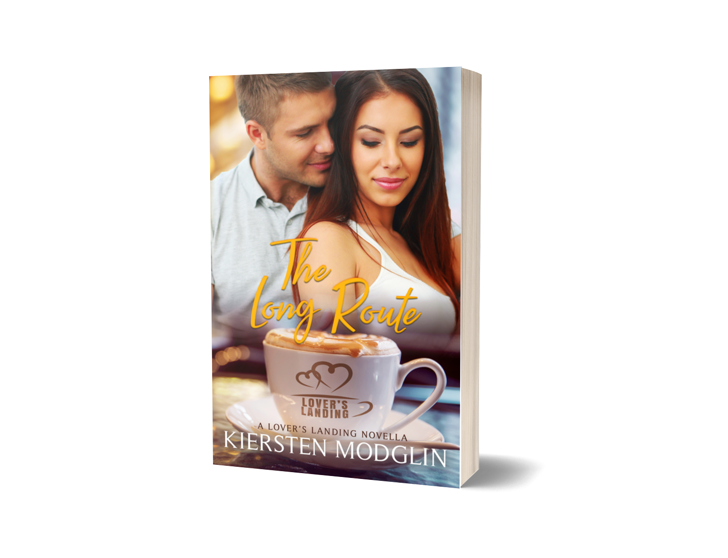 Book cover titled 'The Long Route' by Kiersten Modglin. The cover features a young couple, a man and a woman, with the woman in the foreground and the man close behind her. There is a large coffee mug with a heart design and the words 'Lover's Landing' on a table in front of them, suggesting a romantic theme.