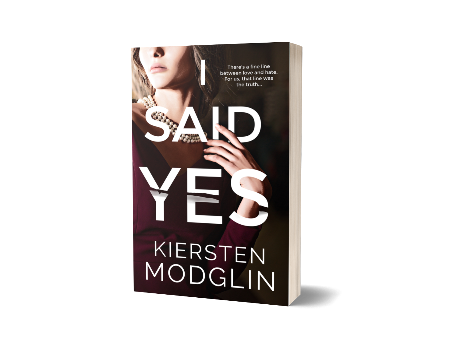 A 3D rendering of a book titled "I Said Yes" by Kiersten Modglin. The cover features a woman in a maroon dress wearing a pearl necklace, with her face partially visible.