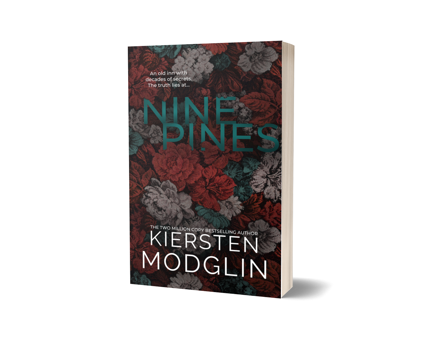Cover of the book 'Nine Pines' by Kiersten Modglin, with a floral background and title text.