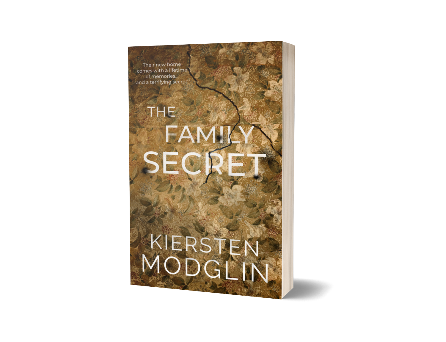 The cover of a paperback book titled 'The Family Secret' by Kiersten Modglin. The cover features a floral pattern with a crack running through it, and a small note in the upper left corner about the story.