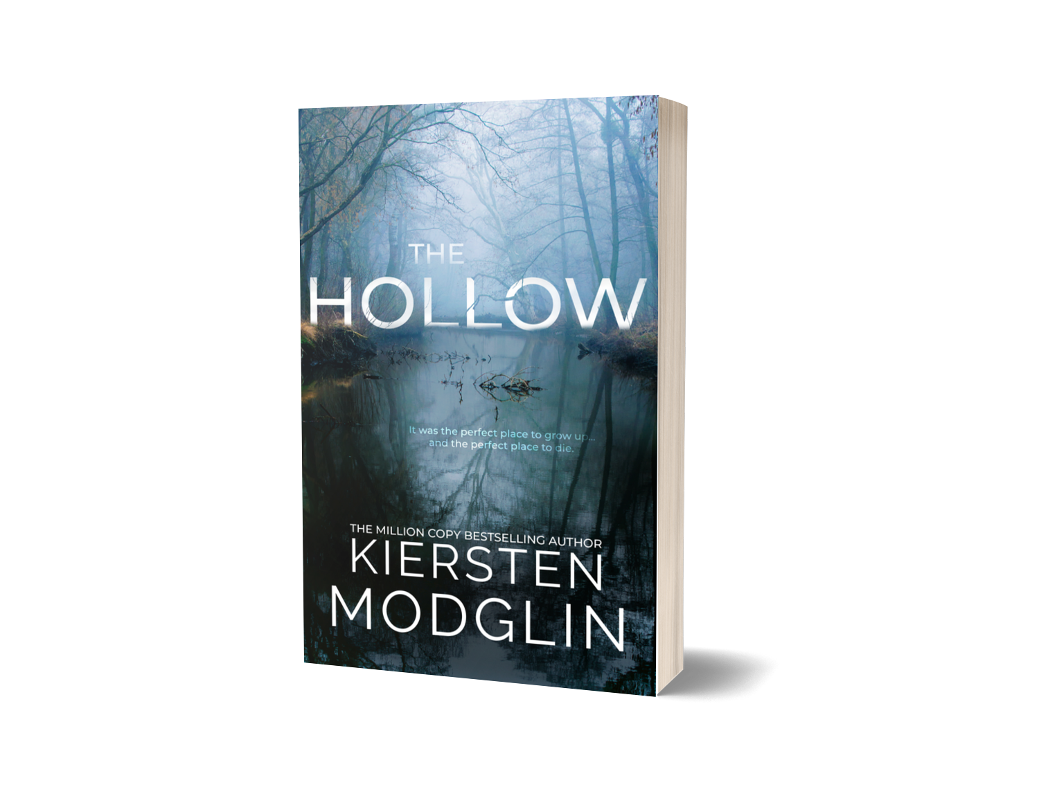 A book titled 'The Hollow' by Kiersten Modglin with a cover image of a foggy, wooded lake scene.