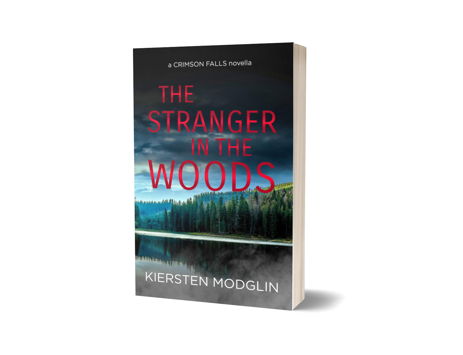 Book cover of 'The Stranger in the Woods' by Kiersten Modglin featuring a forest lake with dark stormy clouds overhead.