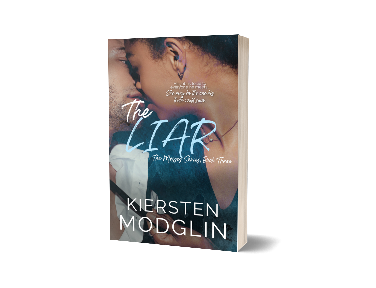 Cover of a book titled "The Liar" by Kiersten Modglin, featuring a close-up photo of a man and woman with noses touching, eyes closed, and intimate expressions.