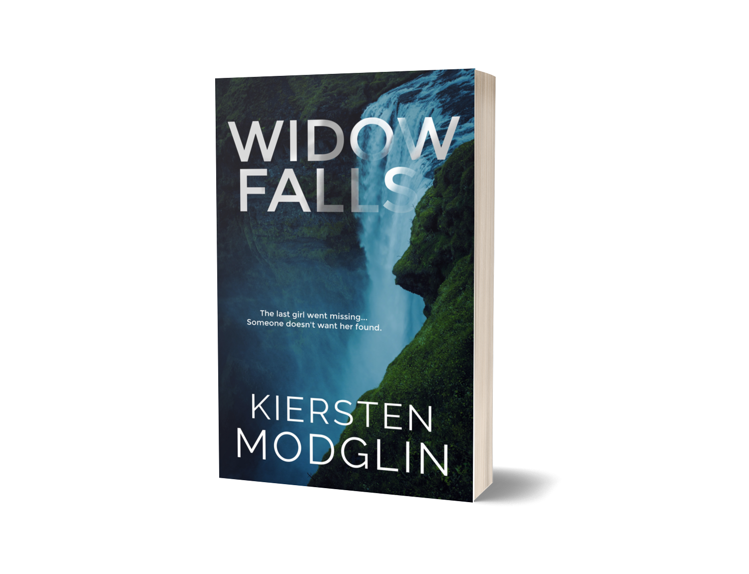 Book cover titled 'Widow Falls' by Kiersten Modgiln, featuring a waterfall surrounded by green moss and rocks with a misty atmosphere.