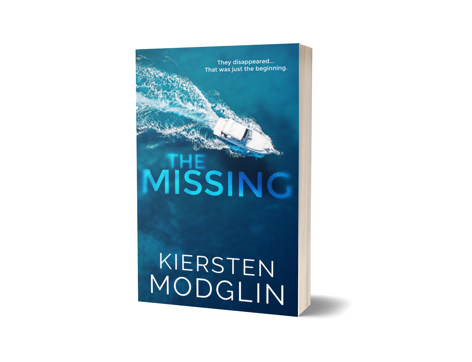 Book titled 'The Missing' by Kiersten Modglin with a cover image of a boat moving through water, leaving a wake behind it.