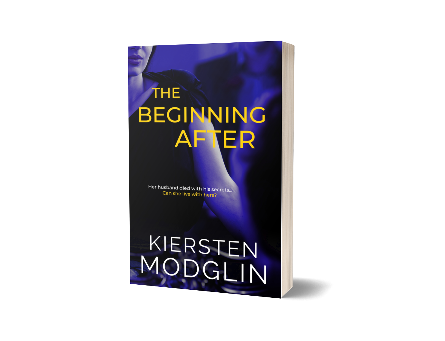 Book titled 'The Beginning After' by Kiersten Modglin featuring a dark cover with blue and black tones, showing part of a woman with dark hair and lipstick, and text that hints at suspense and secrets.