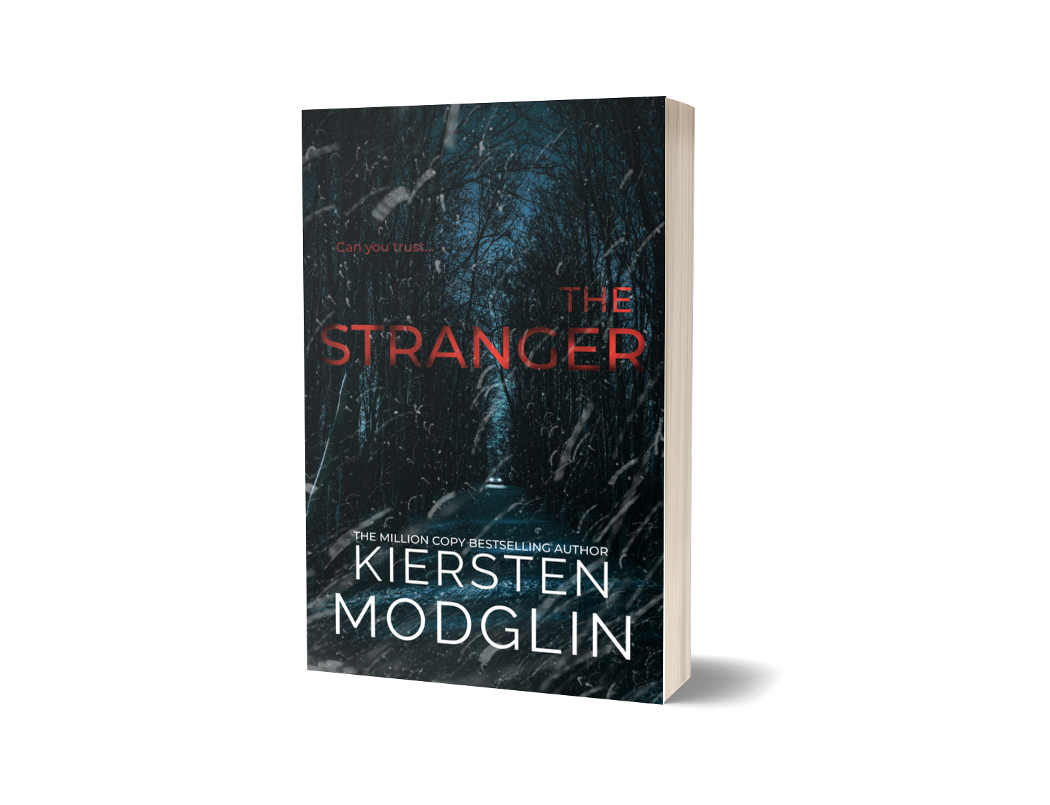 Book cover for 'The Stranger' by Kiersten Modglin, featuring a dark, snowy forest with a narrow path, with red and white text overlays.