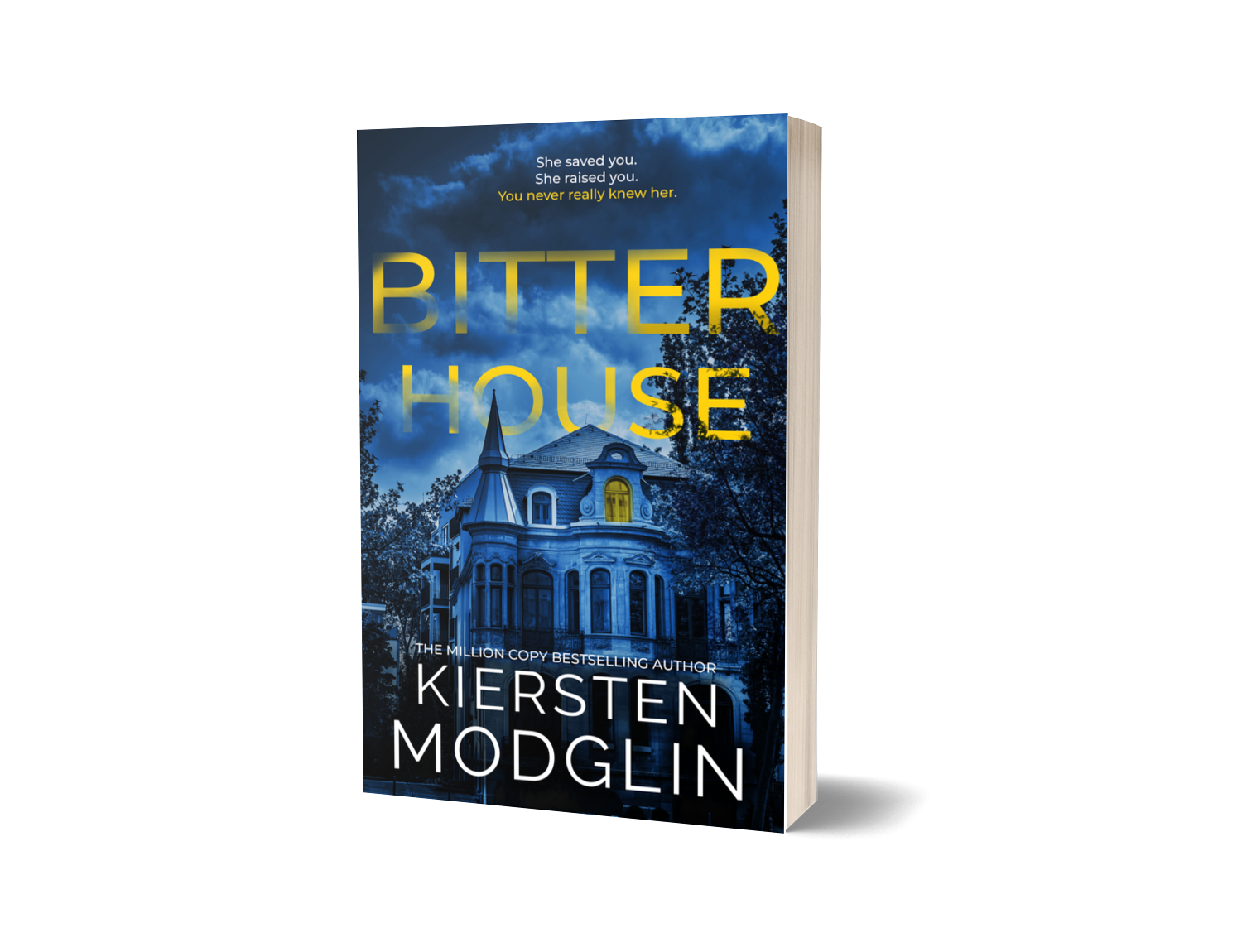 Book cover titled "Bitter House" by Kiersten Modglin, featuring an illustration of a large, Victorian-style house under a cloudy night sky with trees surrounding it.