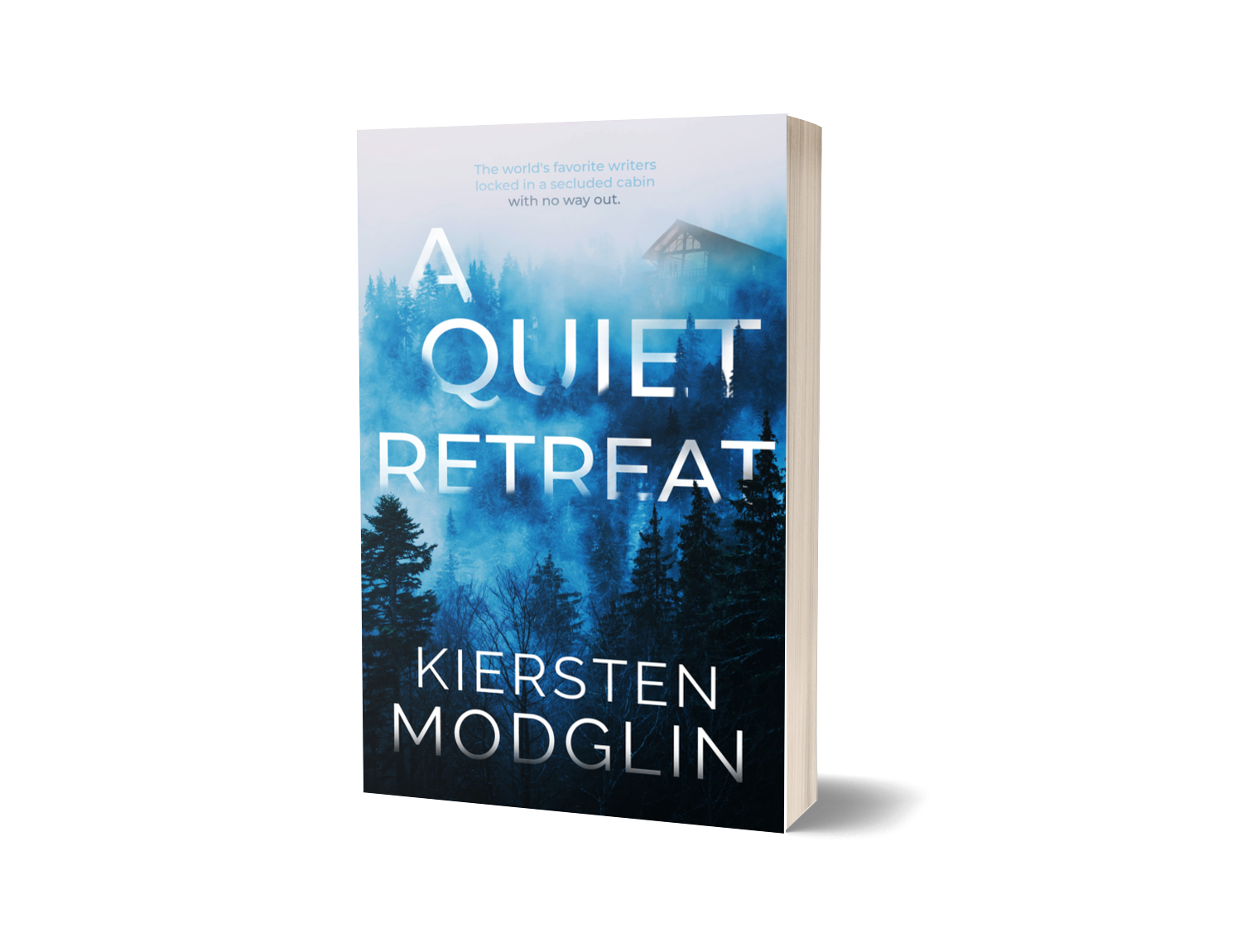 A hardcover book titled "A Quiet Retreat" by Kiersten Modglin features a blue-toned forest with trees and a cabin in the misty background.