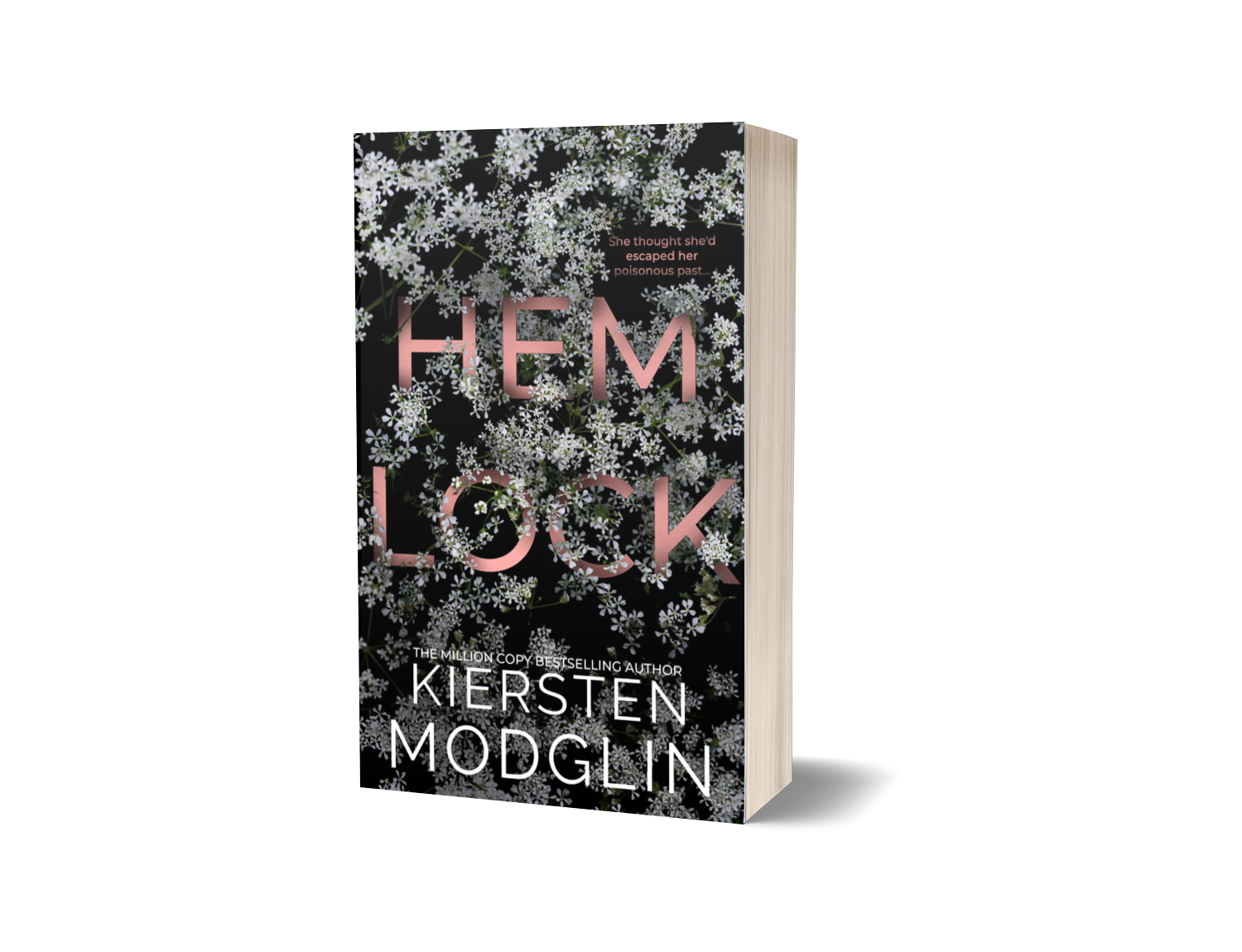 A hardcover book titled 'Hemlock' by Kiersten Modglin, with black cover featuring white flowers and pink text, partly inside a white paper or box.