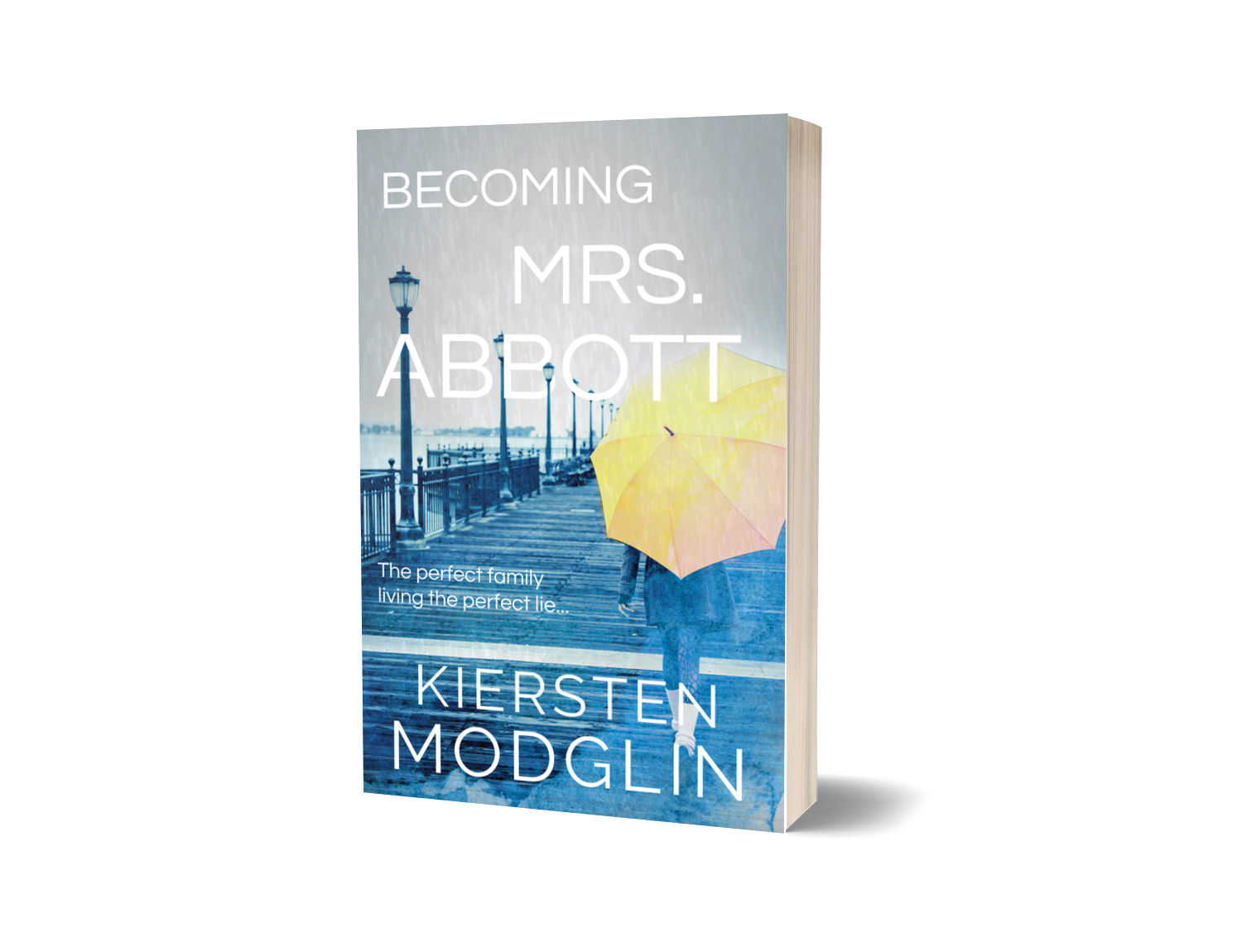 Book titled 'Becoming Mrs. Abbott' by Kiersten Modgln with a cover image of a person holding a yellow umbrella walking on a pier in the rain.