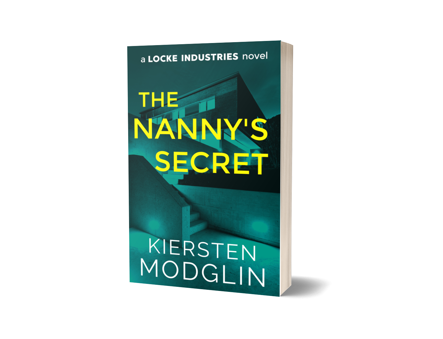 A hardcover book titled "The Nanny's Secret" by Kiersten Modglin. The cover features a modern house with stairs at night, illuminated with teal lighting.