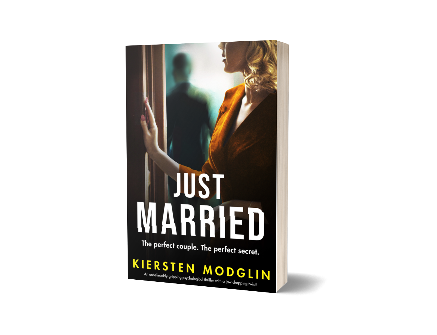 Book cover for 'Just Married' by Kiersten Modglin, features a woman in a brown dress touching a doorframe, with a blurred man in the background.