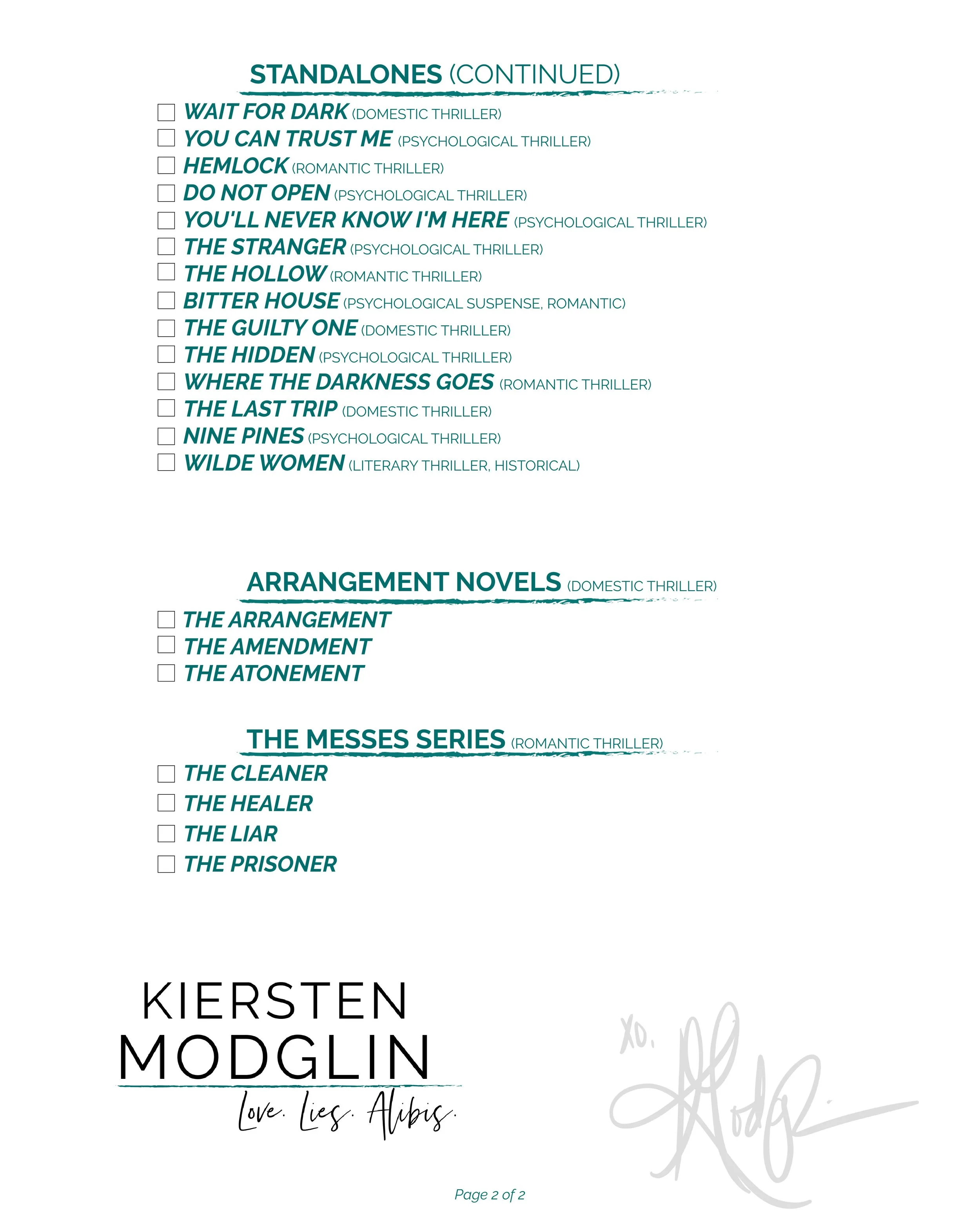A list of book titles and authors on a white page, organized into categories such as standalones, arrangement novels, and the Messes series, with signatures at the bottom.