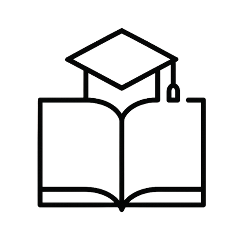 Icon of a graduation cap above an open book.