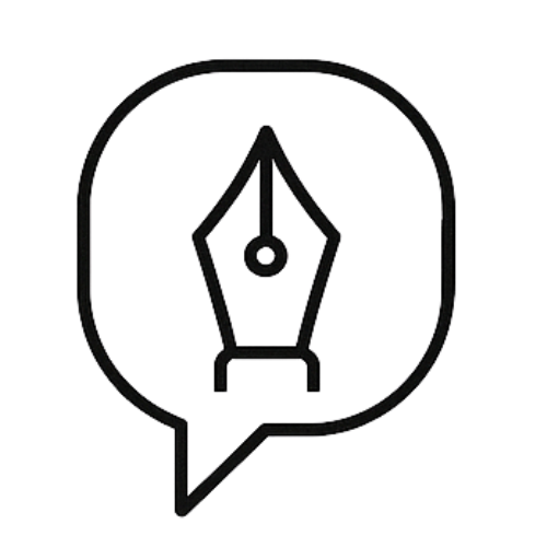 A black outline of a speech bubble containing a fountain pen nib icon.