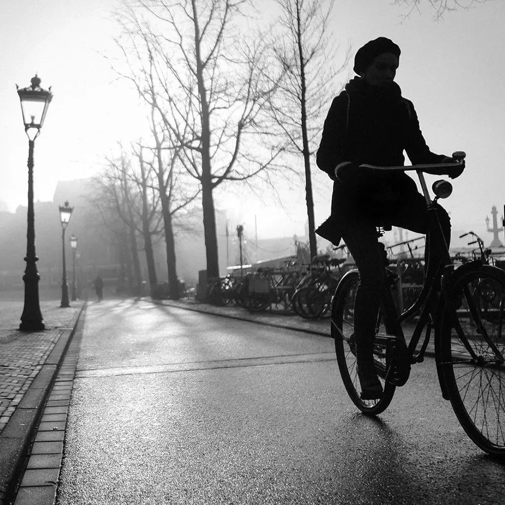 A person riding a bicycle on a wet street during foggy or misty weather, with leafless trees, street lamps, and a few distant figures and bicycles in the background.