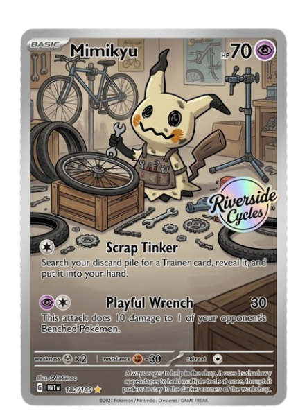 A Pokémon card featuring Mimikyu, a small ghostly Pokémon dressed like Pikachu. The card shows a background of a garage with bicycle wheels, tools, and tools on the wall. Mimikyu is holding a wrench and is in a workshop setting. The card details its moves, "Scrap Tinker" and "Playful Wrench," along with some stats and symbols.