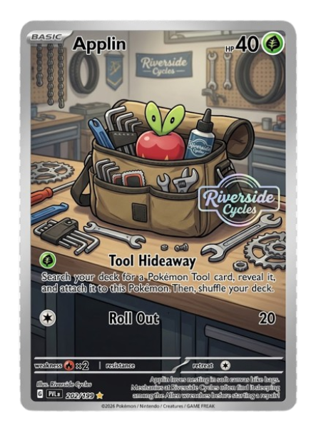 A Pokémon card titled 'Tool Hideaway' featuring a cluttered workbench with tools and a bag. The background shows a workshop with various tools hanging on the wall and a sign that reads 'Riverside Cycles.'