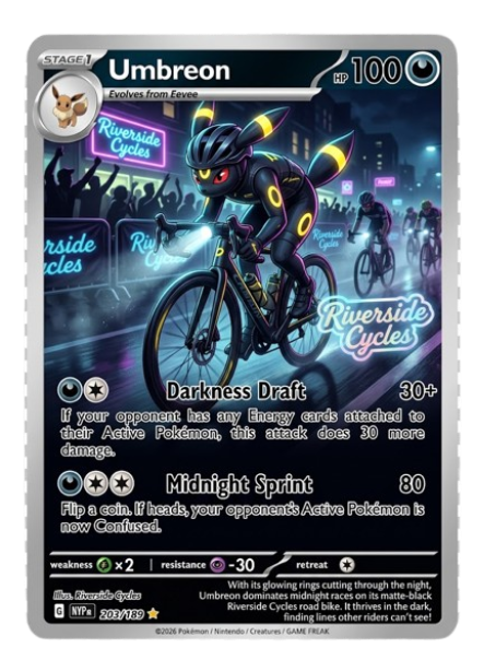 A Pokémon card featuring Umbreon, a dark-type Pokémon, riding a bicycle in a nighttime city scene with neon lights. The card shows Umbreon with glowing lines, two attacks, and a background of cyclists and cityscape.