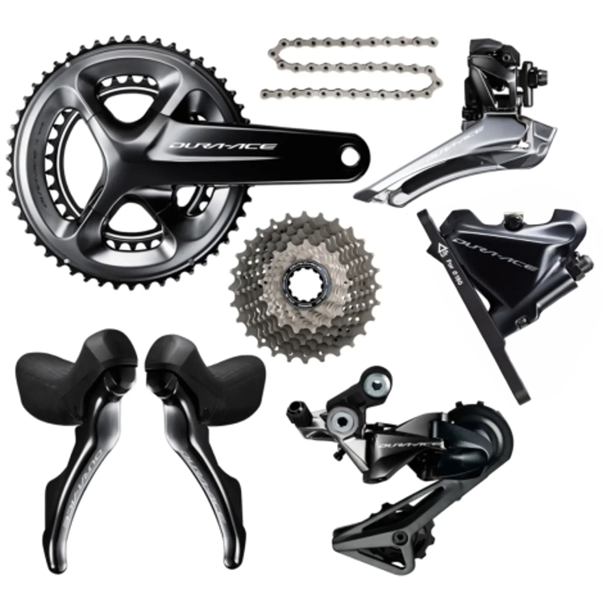 Collection of bicycle components including crankset, chain, derailleur, shifters, cassette, bottom bracket, and other drivetrain parts.