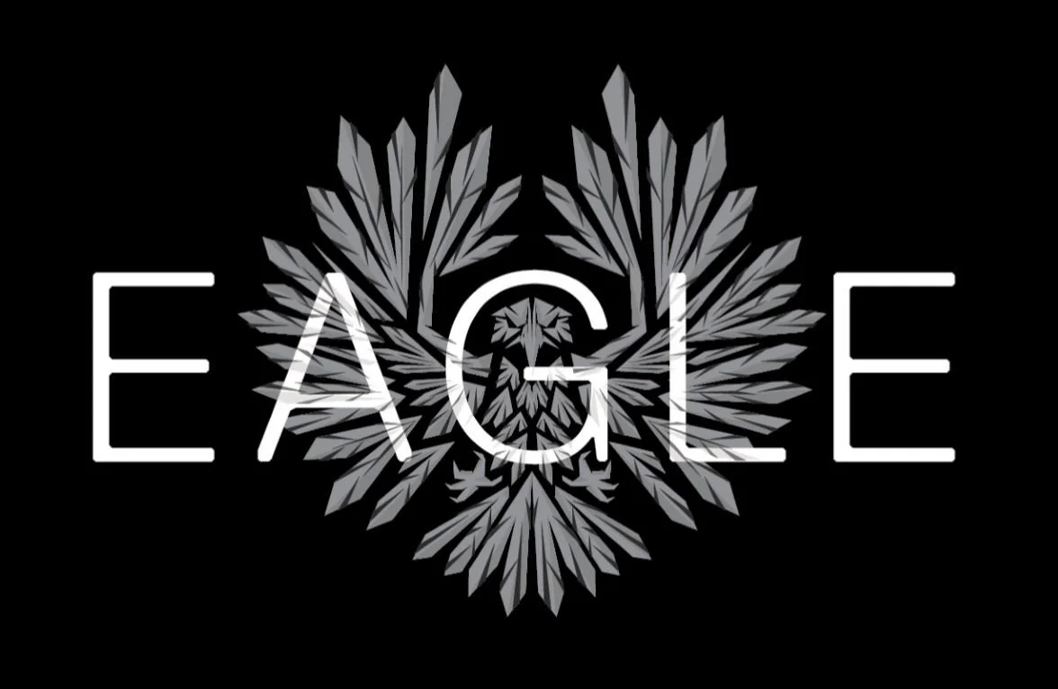 The word 'EAGLE' in white capital letters over a black background with a stylized eagle emblem in gray behind the text.
