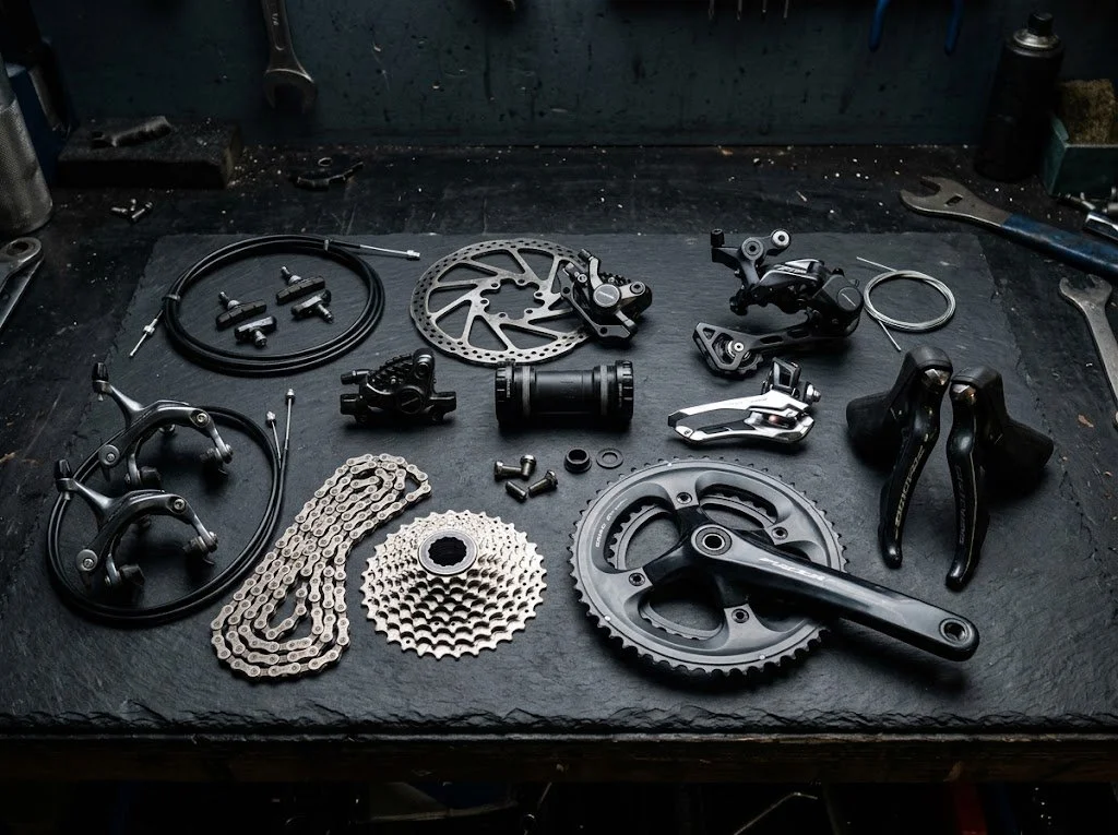 Various bicycle components laid out on a dark workbench, including gears, chains, brake calipers, shifters, and other cycling parts.