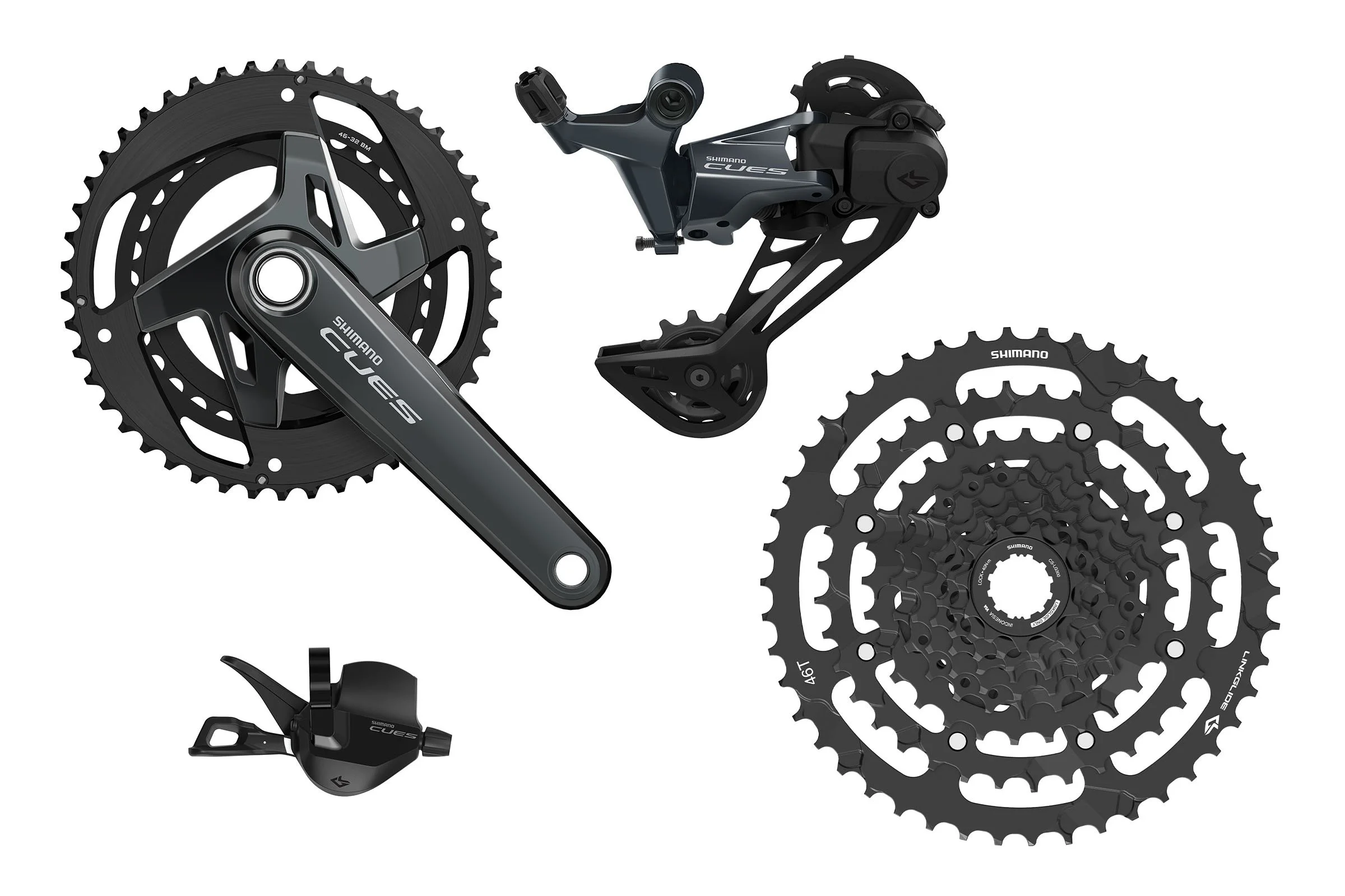 Set of Shimano bicycle components including a crankset, rear derailleur, cassette, and shift lever.