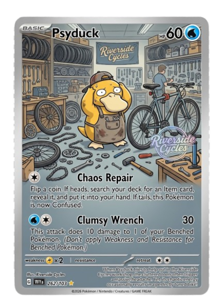 A Pokémon card featuring Psyduck with a whimsical cartoon style, set in a bicycle repair shop. Psyduck is wearing a cap and apron, surrounded by bike parts and tools. The shop has signs for Riverside Cycles and Chaos Repair, with a person working on a bicycle in the background.