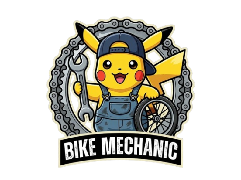 Pikachu wearing a baseball cap and overalls, holding a wrench and a bicycle wheel, surrounded by a bicycle chain, with the text 'Bike Mechanic' below.