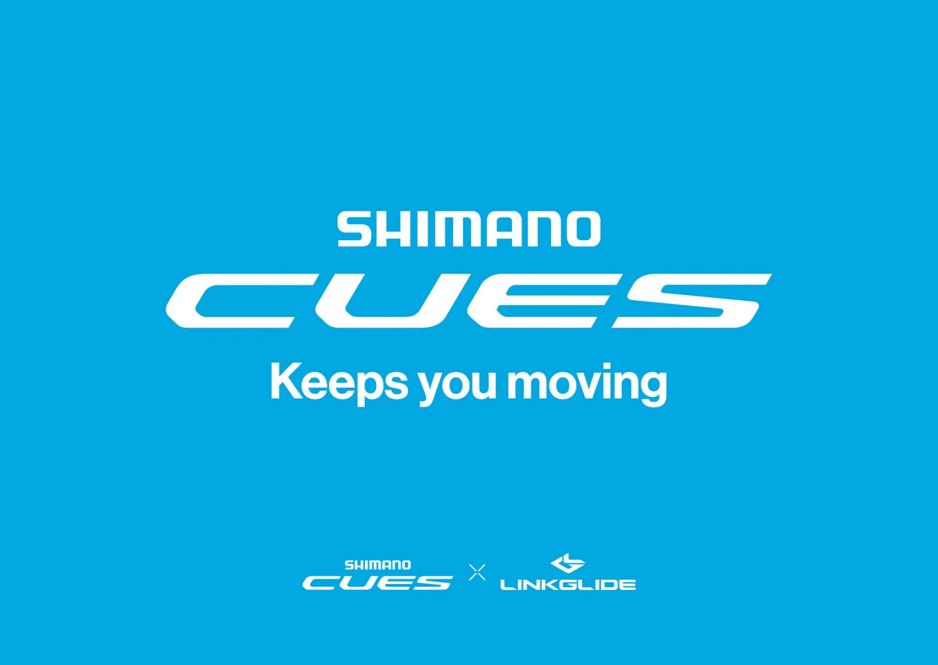 Blue background with white text that reads: Shimano Cues Keeps you moving. Logos for Shimano Cues and LinkGide at the bottom.